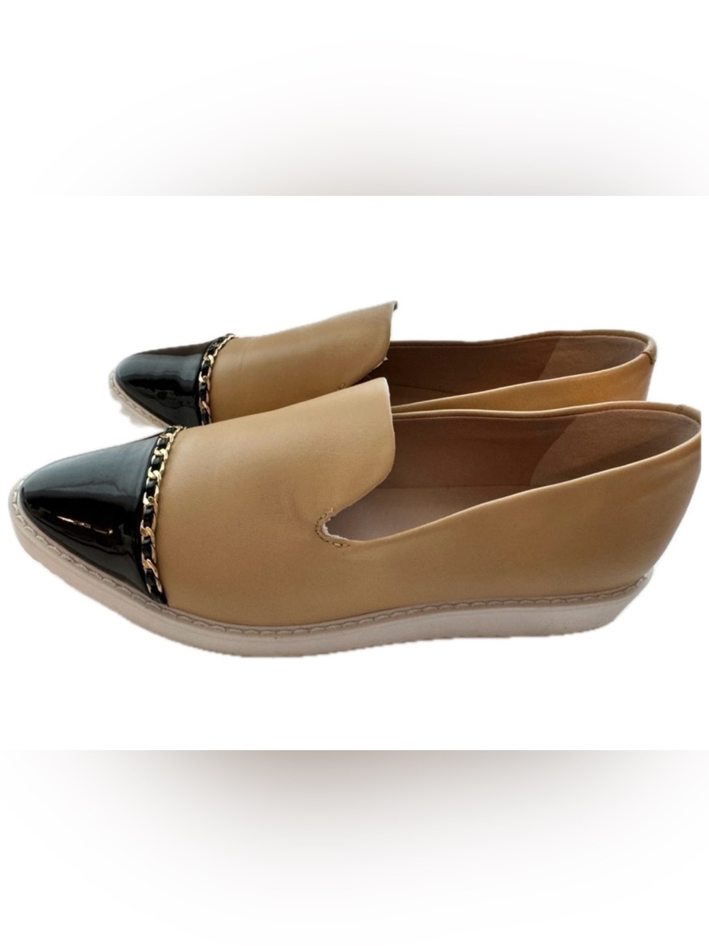 Karl Lagerfeld Leather Chain Loafers Size 7 Black Tan Slip On